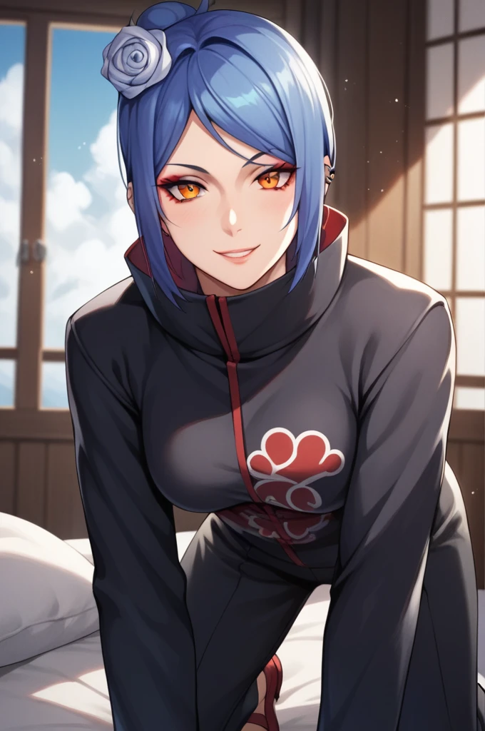 score_9, score_8_up, score_7_up, score_6_up, score_5_up, score_4_up, KonanNSHXL, makeup, orange eyes, blue hair, short hair, single hair bun, hair flower, piercing, medium breasts, high collar, black coat, coat with cloud print, long sleeves, pants, all fours, seductive smile, looking at viewer, indoors 