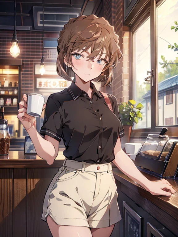 Coffee shop, waitress, cute, Beauty, short hair, Haibara Ai, Brown Hair, highest quality, 1girl, ccurate, (masterpiece), uhd, retina, anatomically correct, textured skin, super detail, high details, high quality, best quality, highres, 16K