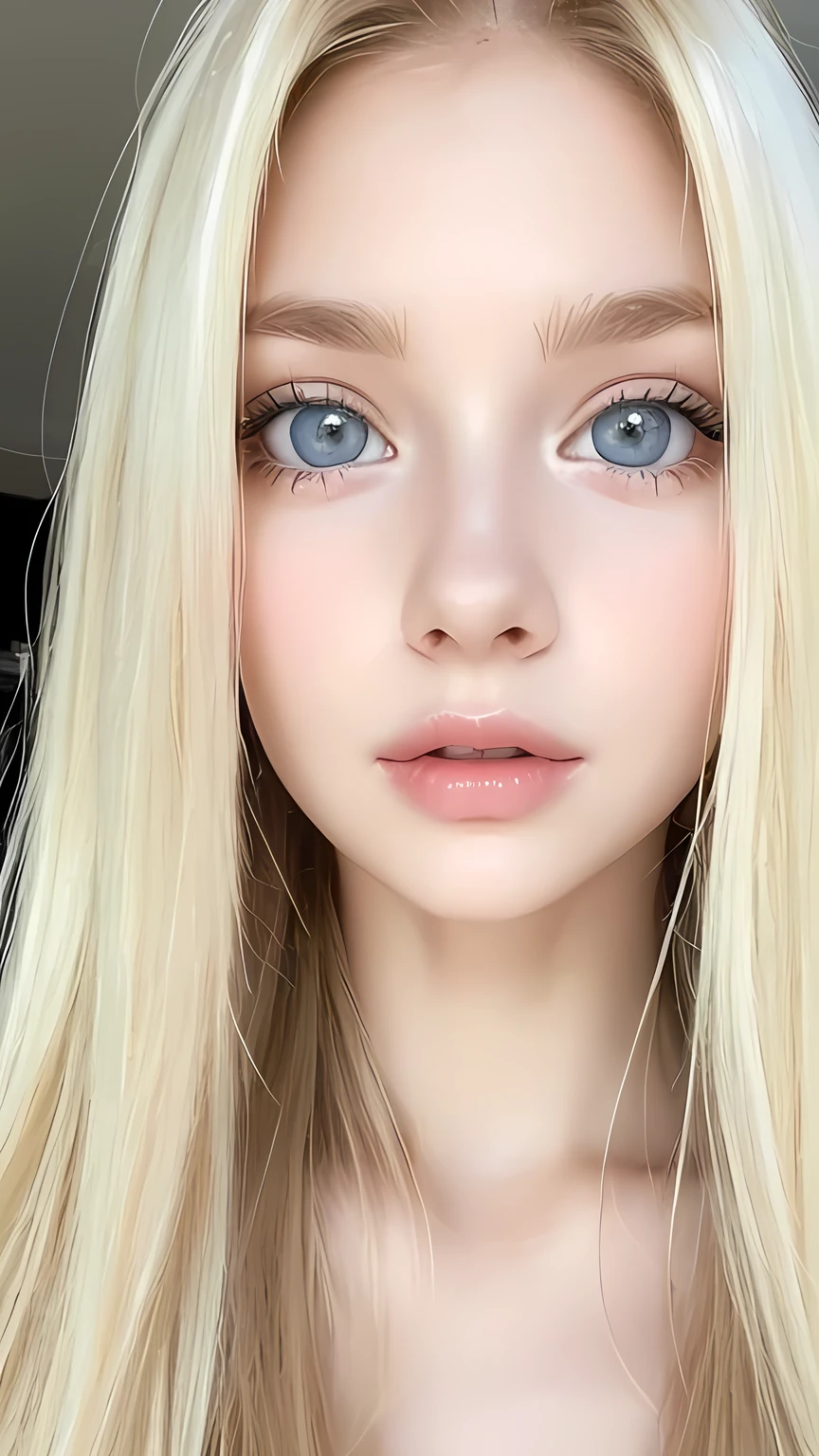 Blonde beautiful girl、Very beautiful, large, bright, pale blue eyes、Very big eyes、Gloss Face、Extremely white skin、Glowing Skin、Cheek gloss、Very pretty and beautiful super long blonde hair、Ample Bust、Beautiful bangs between the eyes、Small Face Beauty、Very big eyes、round face、Double eyelids、Cheek Liner