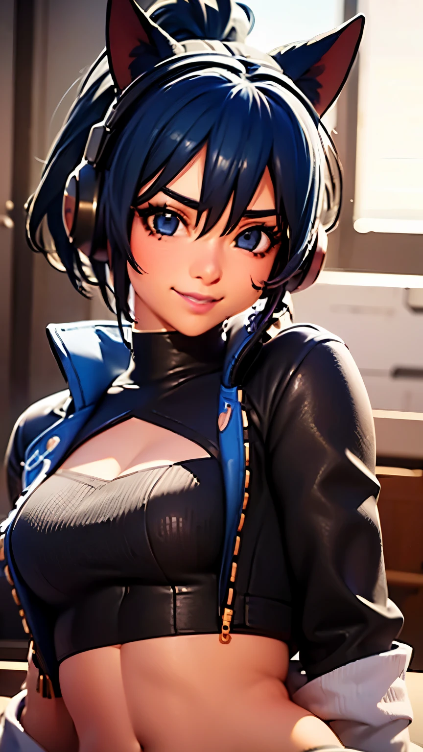 SplitScreen, split screen, lying on bed, 2D, 1girl, blue hair, ponytail, short hair, blue eyes, eyeshadow, (blush:1.1),upper body,heart, (speed lines:1.1),medium breasts, love, heart, black jacket, jacket crop top, navel, cat ears headphones, black crop top, black top, purple lips, angry, smile, looking at viewer, facing viewer, pov, 1boy, missionary