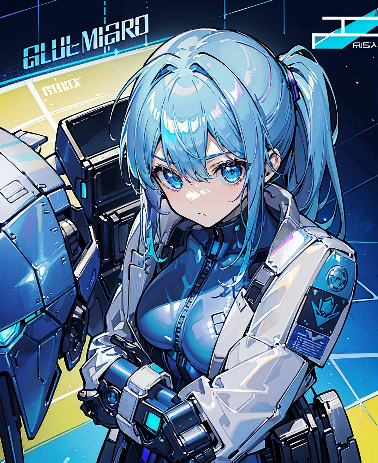 masterpiece, best quality, highres, 1girl, solo, superhero, leotard, bare legs, boots, matching boots, aura, blue aura, sleeveless, gloves, bracelets, matching gloves, looking at viewer, light particles, city backdrop, perfect hands, perfect eyes, powering up, perfect leotard, perfect legs, perfect arms, perfect fingers, light blue and dark green leotard, green hair, aquamarine eyes, medium breasts, short hair, bob hair, blue skin,