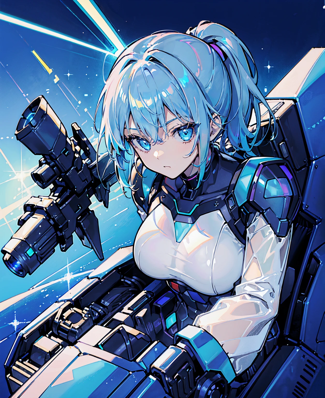 ((Holographic glow effect)),Blue Hair、Masterpiece、Best Quality、1 girl、Medium breast、((Album cover))、Light on Face、Slim Body、Blue Costume、Exoskeleton、metal Gear、Cyberpunk Style、ponytail、The Gundam pilot、attention arousal，Ride a fighter