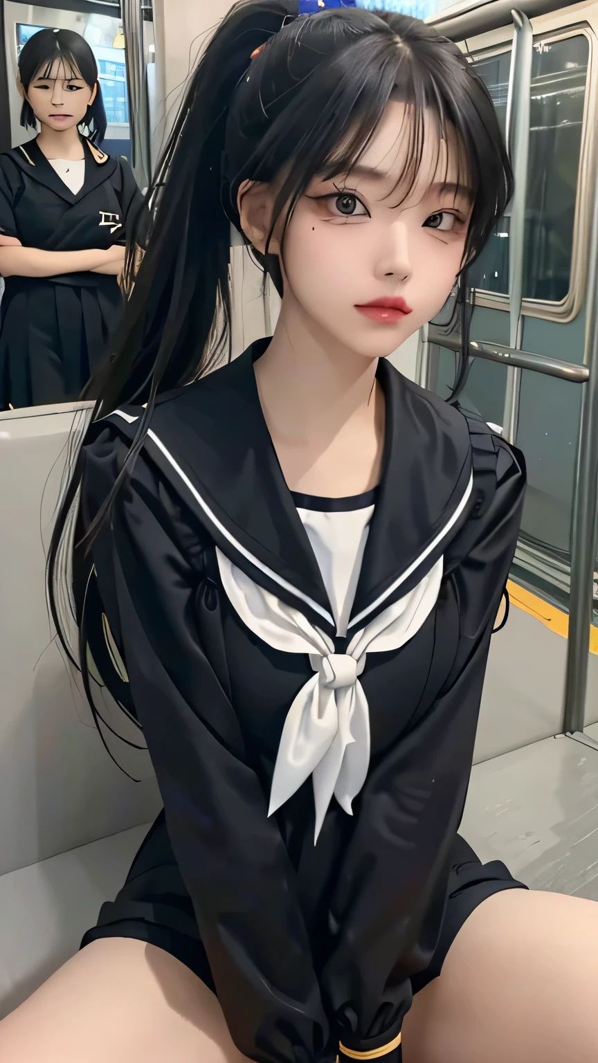 Do exercise regularly, (black hair)、ponytail、(Sailor Suit:1.5)、No panties, (Cyberpunk setting: 1.2), compensate,, (1 girl: 1.4), best quality, masterpiece, (Reality: 1.2), young woman, Miss, Detailed face, beautiful eyes, fine hair, Delicate skin, looking at the audience, Dramatic, Energetic, sharp focus, 50 mm, F1.2, EOS R8, (3/4 body: 1.2), (The background is inside the train: 1.6), (best qualityの詳細: 1.2), 8K HD,(spread legs:1.4)