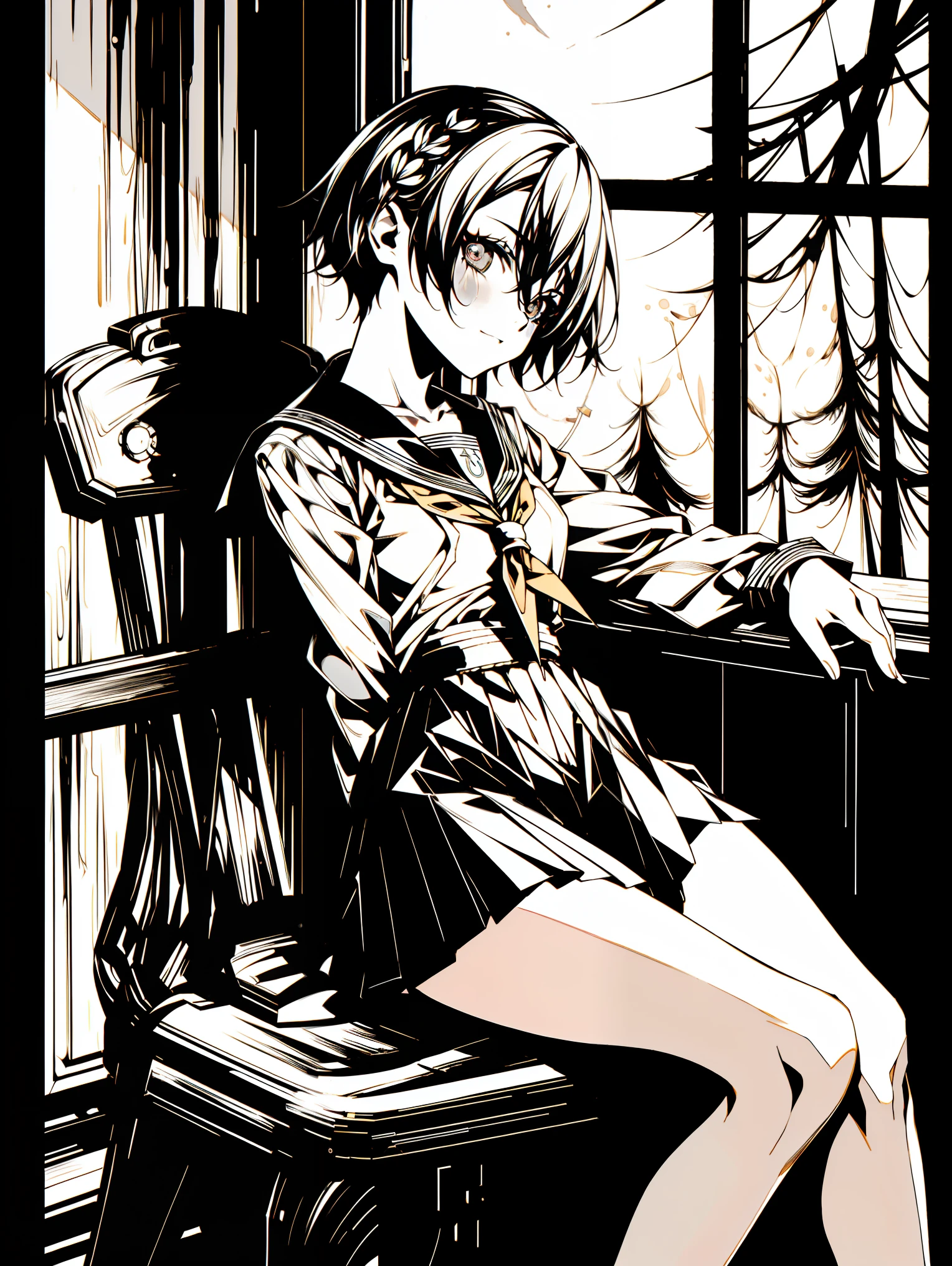 sit on a chair, cross one's legs、輪っかの目、オレンジ色の瞳、v5lcn style,(Best Quality,masutepiece:1.2),(Anime style,Comic Noir Style:1.1),1girl in,cute-style,Adorable,extremely detailed eye,extra detailed face,very detail hair,8K,resolution,High School Girl,Sailor Uniform