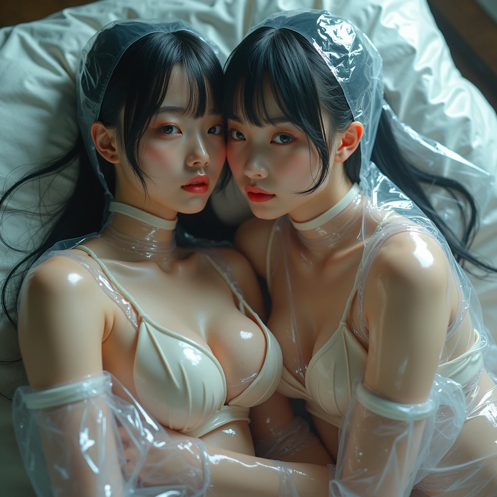 Identical twin sisters、extremely quality photograph, Clear focus, Spectacular realism, Realist, sauce_photograph, Perfect placement, score_clearly,32K,(photograph realistic:1.3),(Many Hands:1.2),whole body, Looking at the audience, One woman left, short hair, Arms raised and armpits, Transparent camisole vest, ((Flat Chest)), Many Hands, Many Hands caress a woman's body, Attaches to the body in large quantities. ((Soaking wet)), Woman being fondled by Many Hands, Greasy and wet background, (((被许多无形的手fumbling和抓住))), Express, whole body,(((arm grab, Touching my face, Massage, fumbling, grab, 胸をgrab, touch))), (Oily and moist skin;1.3), ((Soaking wet)), , Cute Japanese, (Flat Chest:1.3), (White transparent camisole vest:1.1), not good, no, (squat), (Spread your legs), (Slim body), Black Hair, Beautiful white skin, Small Mouth, Realistic skin texture, sexy, National Foundation,