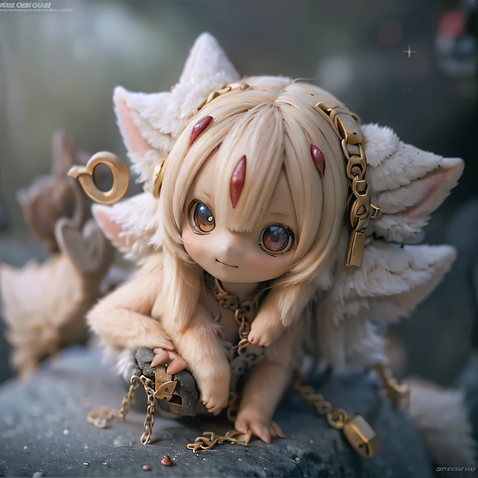 a cute smiling faputa from made in abyss, beautiful detailed eyes and lips, chibi style, in a beautiful garden, best quality, extremely detailed and photorealistic, illustration and photorealistic rendering, vivid colors, warm and bright lighting, cute full body pose, white hair, dark skin, angry expression