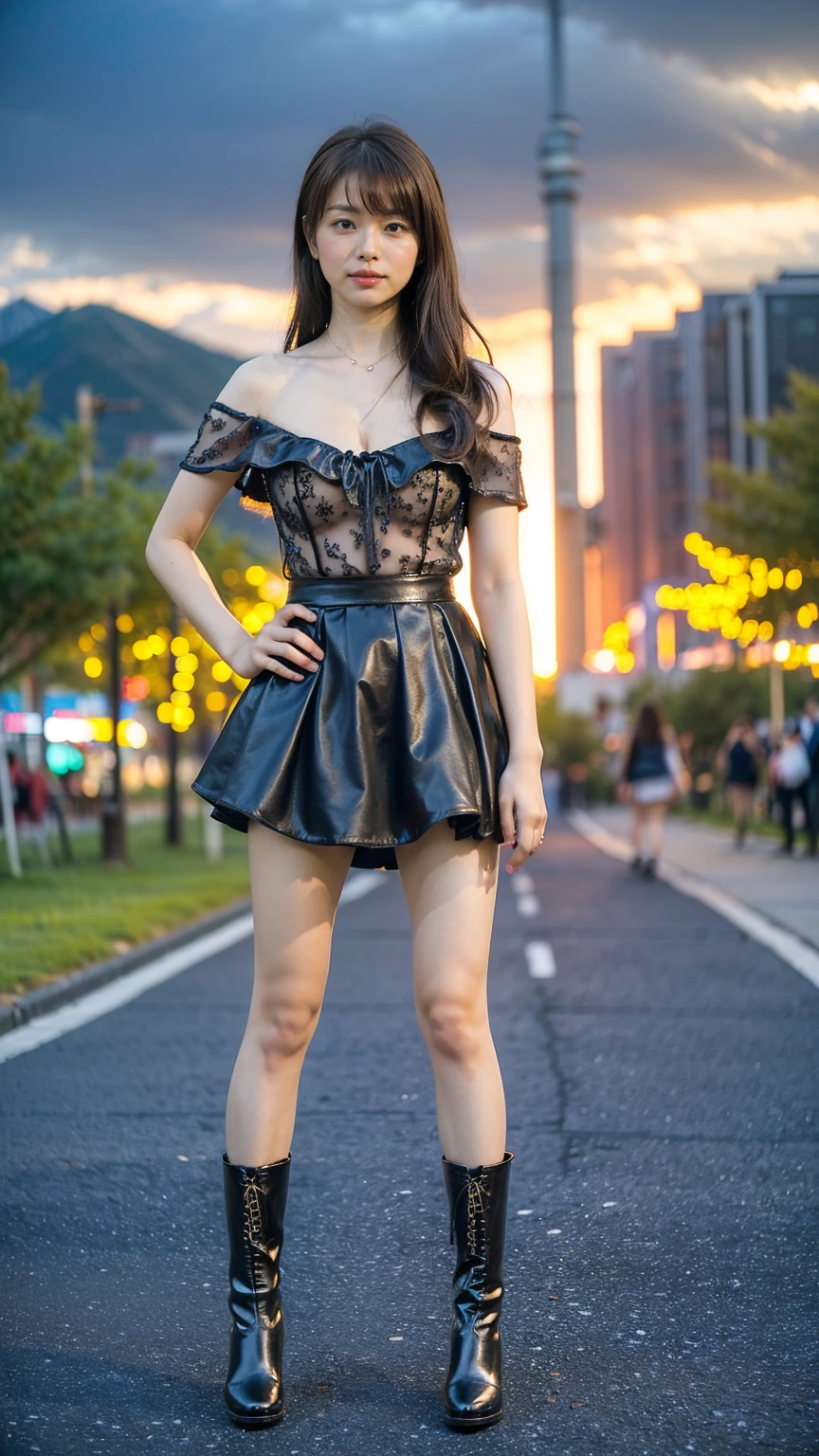 (8k、RAW Photos、Highest quality、masterpiece:1.2)、(Realistic、Realistic)、1 person、((dress、Off the shoulder、Straight Hair、See-through、Cleavage、Garter Ring、mini skirt、Thin legs、whole body、boots、View from the front、Looking into the camera、Night Park、Stand with hands on hips))、cute