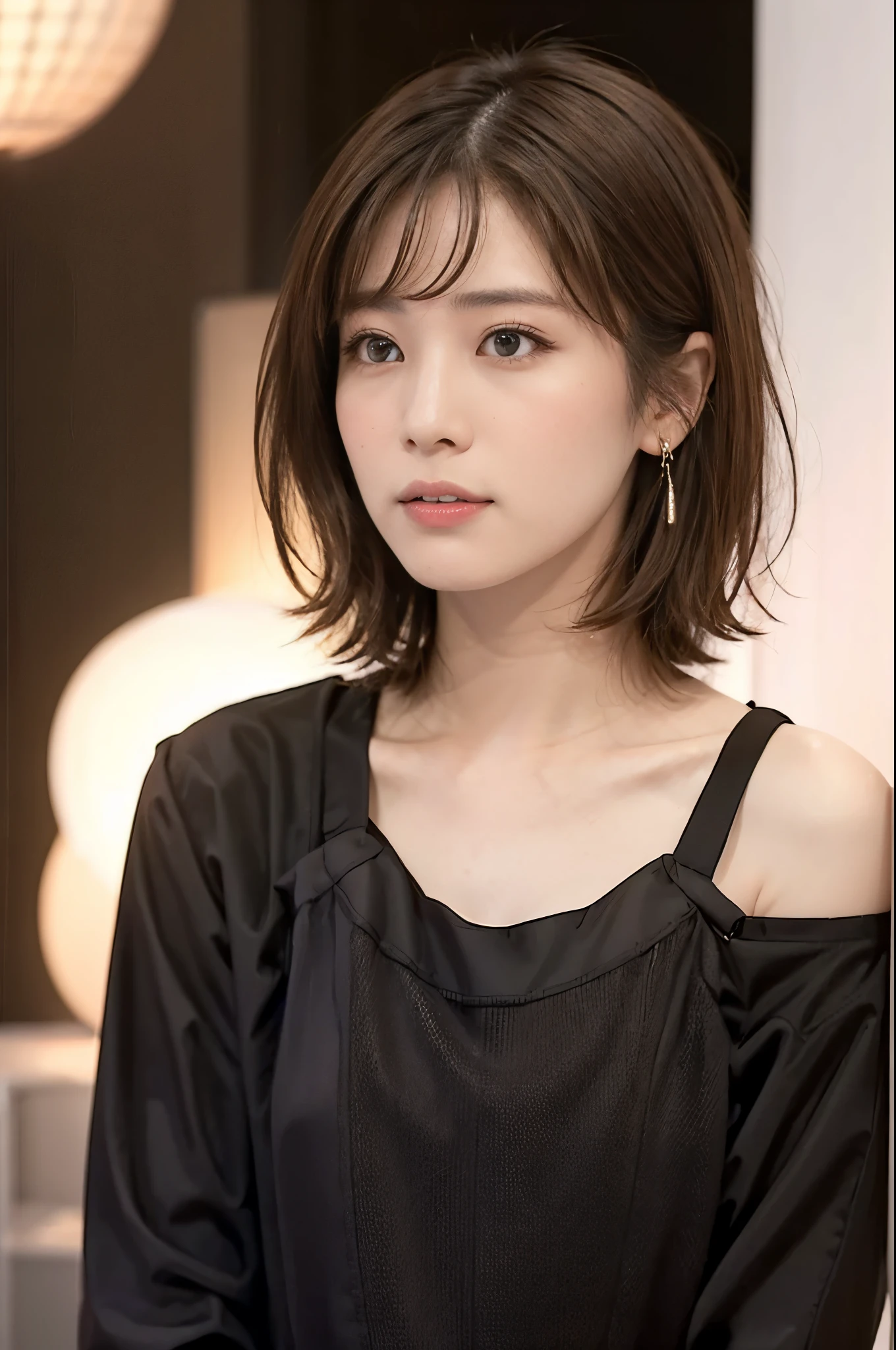 1 beautiful Japanese_American woman,Reimi Tsutsumi,broadcaster,solo,3,blurry background,brown hair,shoulder length straight short hair,bangs,earrings,depth of field,sideview,looking away,close-up of face,indoors,profile,realistic,in the news live broadcast room,bright light,upper body,black shirt