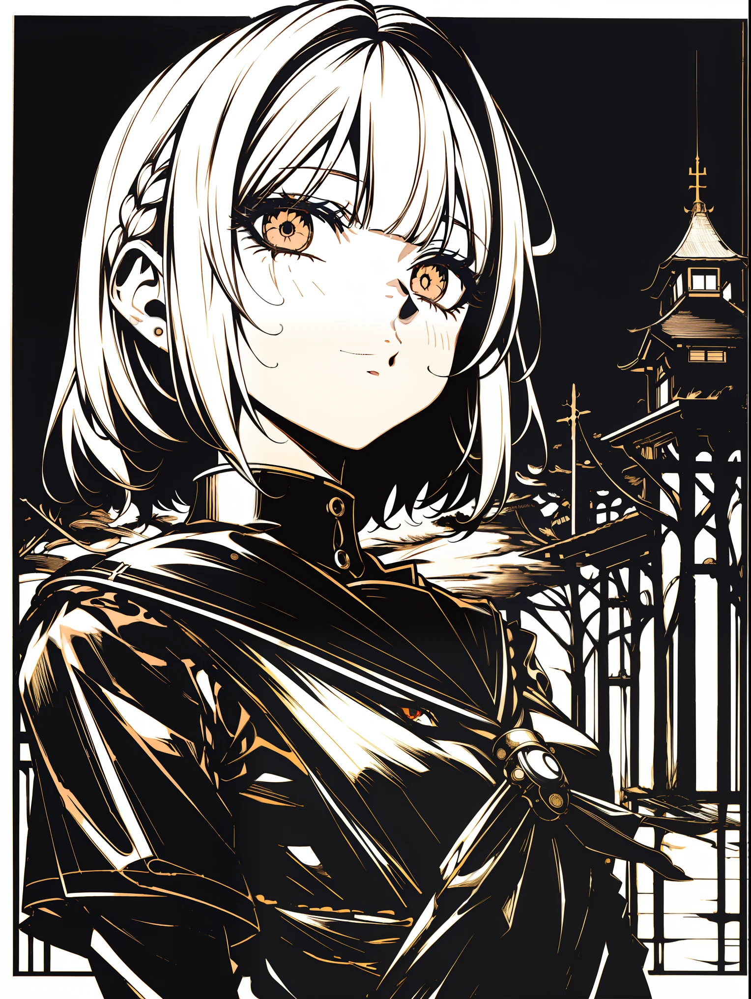 from below、ショートヘア、blunt bangs、輪っかの目、オレンジ色の瞳、v5lcn style,(Best Quality,masutepiece:1.2),(Anime style,Comic Noir Style:1.1),1girl in,cute-style,Adorable,extremely detailed eye,extra detailed face,very detail hair,8K,resolution,High School Girl,Sailor Uniform