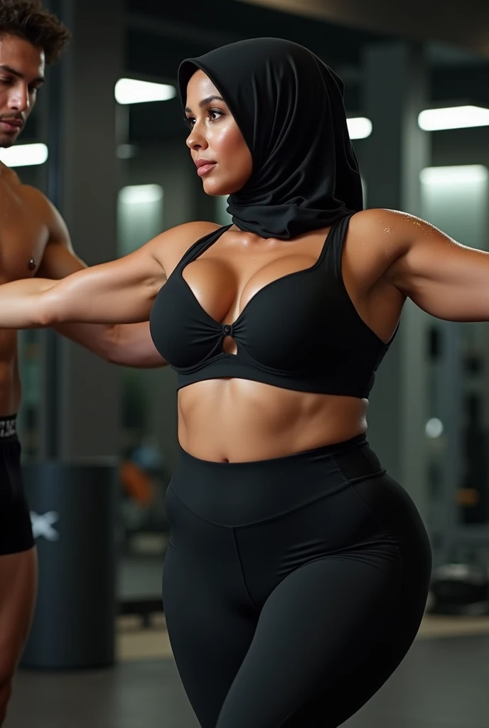 Full body photo of BUSTY YOUNG MATURE MILF AISHWARYA RAI as SEXY MMA FIGHTER, ((smirking face)), black gym bikini, tank top, ((wearing hijab)), ((navel piercing)), (((seductive posing in MMA ring))), FIGHT CLUB NIGHT scene, healthy mature hourglass figure, (((big breasts with cleavage))), look straight at camera, ((sexy transgender)), ((lesbian)), ((big penis))soft volumetric lights, intricate details, (ArtStation:1.2)
