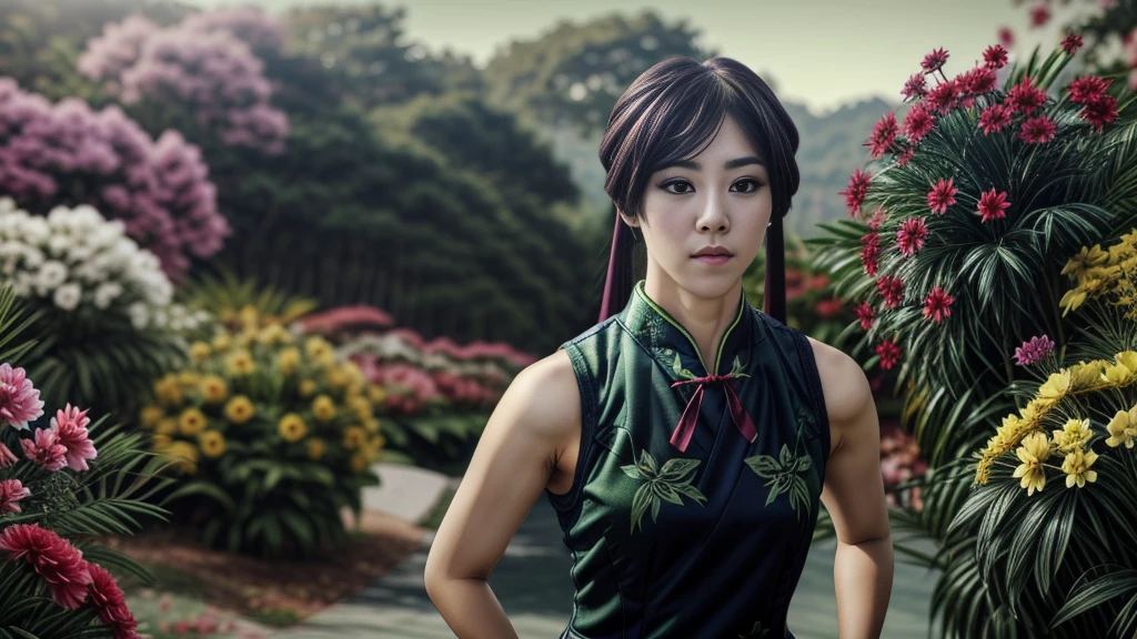 1 woman, full body shot of Yuzuriha from Hell's Paradise, wearing a green cheongsam with yellow peony flower patterns and an open in the chest area and started wearing black kung-fu style flat shoes, volumetric lighting, athletic, best quality, masterpiece, intricate details, tone mapping, sharp focus, hyper detailed, trending on Artstation, looking at viewer, realistic