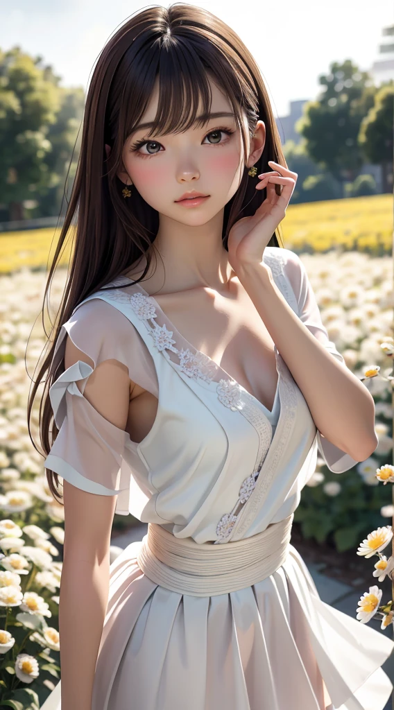 Best quality, masterpiece, ultra high res, waist up, photorealistic, Beautiful girl, girl at the flower field, mountains, detailed eyes, detailed, pale skin, bokeh