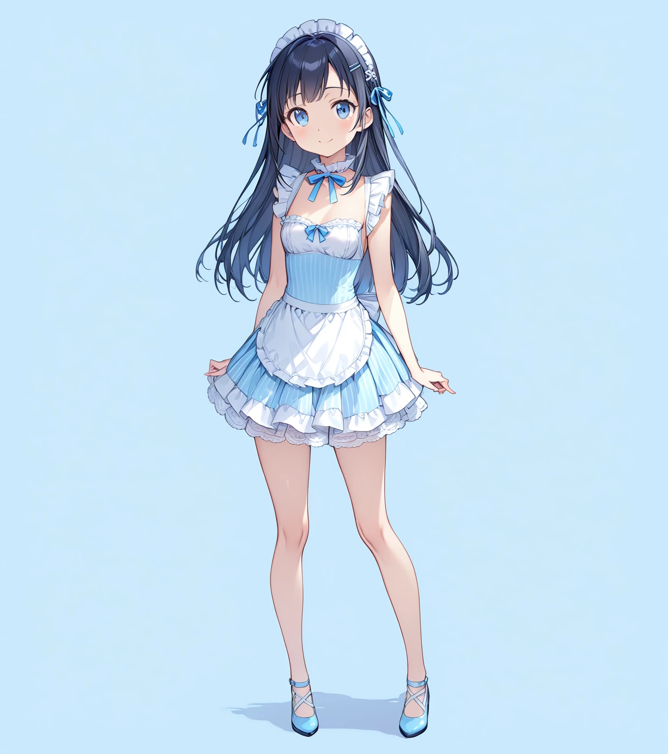 (Full Body Shot:1.5), (Standing), 
(Masterpiece 1.3), (Highest quality), (High resolution), (Very detailed), (Best illustrations), Best Shadow, (so beautiful:0.9), (very cute), 

(AyaseAragaki),  girl, 
Black Hair, Long Hair, amount, Hair Clip, Blue eyes, 
smile, Shyness, Pitiful, 
Small breasts, Round Breasts, Iris, round face, Beautiful lip detail, 

Perfect limbs, Perfect Anatomy, Thin legs, Five perfect fingers, Big eyes, Iris, (slender), Tight waist, 
Delicate and smooth skin, Beautiful Skin, Textured skin, Attractive body, 
smile, 恥ずかしそうなsmile, 

Erotic, 
White maid outfit, Short skirt, ribbon, 
Blue striped underwear, White frilly underwear, 小さいribbonが付いてる下着,

(Light blue background:2.2), (Light blue studio), 

Bright colors, Delicate fabrics, Attention to detail, Beautiful consideration, 
(from the front),