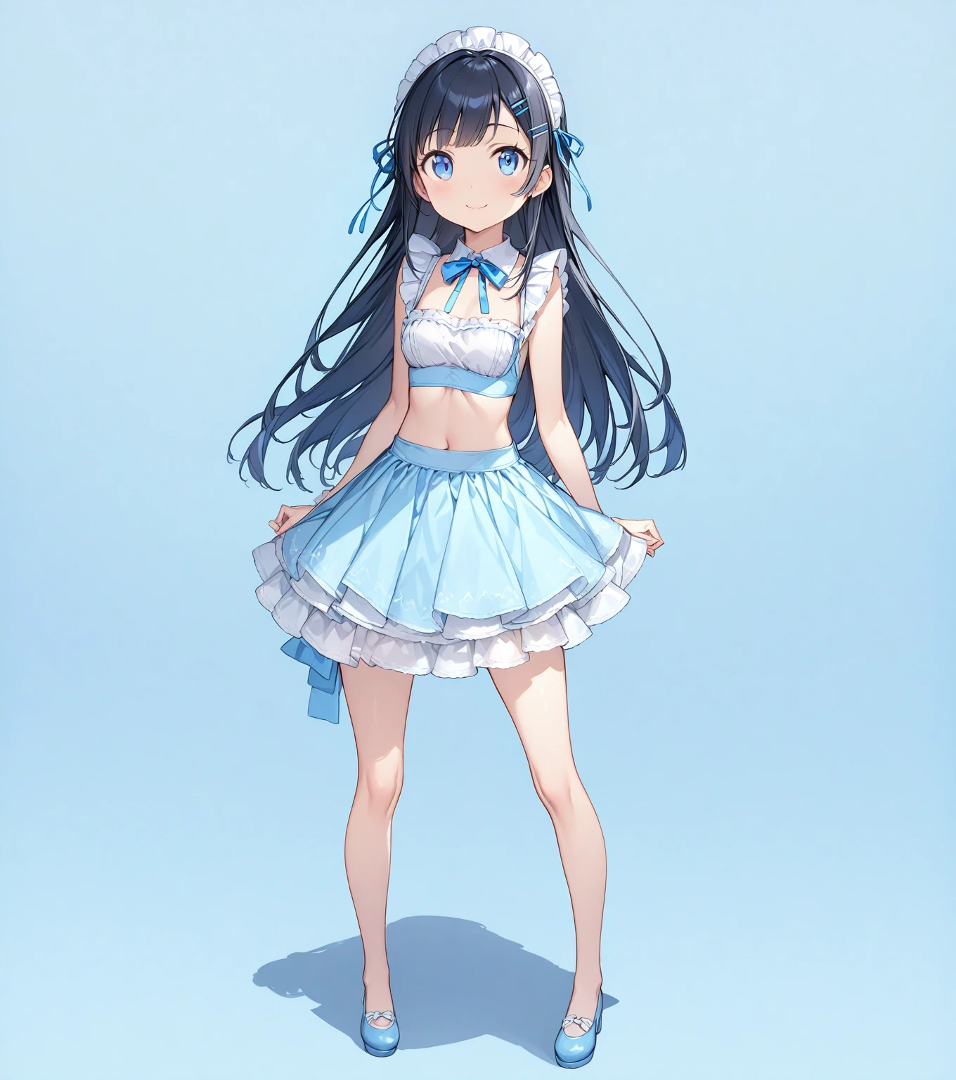 (Full Body Shot:1.5), (Standing), 
(Masterpiece 1.3), (Highest quality), (High resolution), (Very detailed), (Best illustrations), Best Shadow, (so beautiful:0.9), (very cute), 

(AyaseAragaki),  girl, 
Black Hair, Long Hair, amount, Hair Clip, Blue eyes, 
smile, Shyness, Pitiful, 
Small breasts, Round Breasts, Iris, round face, Beautiful lip detail, 

Perfect limbs, Perfect Anatomy, Thin legs, Five perfect fingers, Big eyes, Iris, (slender), Tight waist, 
Delicate and smooth skin, Beautiful Skin, Textured skin, Attractive body, 
smile, 恥ずかしそうなsmile, 

Erotic, 
White maid outfit, Short skirt, ribbon, 
Blue striped underwear, White frilly underwear, 小さいribbonが付いてる下着,

(Light blue background:2.2), (Light blue studio), 

Bright colors, Delicate fabrics, Attention to detail, Beautiful consideration, 
(from the front),