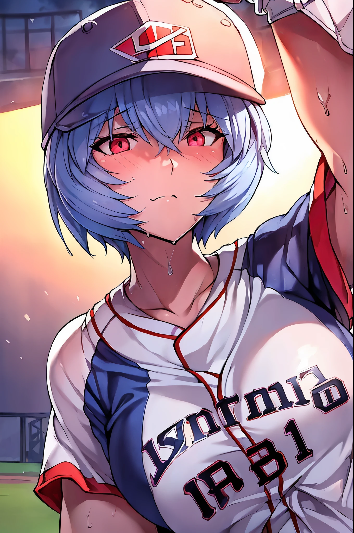 masterpiece++, Highest quality++, Ultra high definition++, Ultra high definition++, 4K++, 8k++, (Background Focus)++, Very detailed, ((baseball Ground))++, (1 person), ((( Evangelion Ayanami Rei))) +++, ((baseball player)), (((Baseball uniforms))) +++, ((((Pitching form))))++++((Baseball in right hand) )++, ((Mature woman playing baseball))++, (Baseball cap), (Baseball glove in left hand), blush, (Wristband to wear on the wrist), (Gray Hair), (Super shiny hair and skin ), (sunlight), ((beautiful)), Sweaty body, Cleavage, Vibrant, sweating, Serious expression, Perfect Eyes, Perfect hands, Perfect Nose, Evangelion Ayanami Rei, Bright atmosphere , (Wet Effect)+, (Light effects), (Cinematic Light)+, (Like a light movie)+