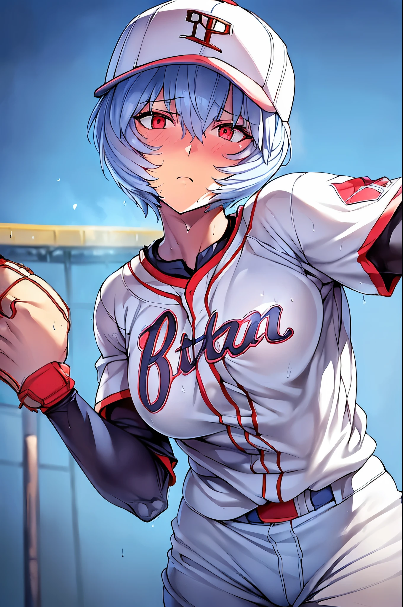 masterpiece++, Highest quality++, Ultra high definition++, Ultra high definition++, 4K++, 8k++, (Background Focus)++, Very detailed, ((baseball Ground))++, (1 person), ((( Evangelion Ayanami Rei))) +++, ((baseball player)), (((Baseball uniforms))) +++, ((((Pitching form))))++++((Baseball in right hand) )++, ((Mature woman playing baseball))++, (Baseball cap), (Baseball glove in left hand), blush, (Wristband to wear on the wrist), (Gray Hair), (Super shiny hair and skin ), (sunlight), ((beautiful)), Sweaty body, Cleavage, Vibrant, sweating, Serious expression, Perfect Eyes, Perfect hands, Perfect Nose, Evangelion Ayanami Rei, Bright atmosphere , (Wet Effect)+, (Light effects), (Cinematic Light)+, (Like a light movie)+