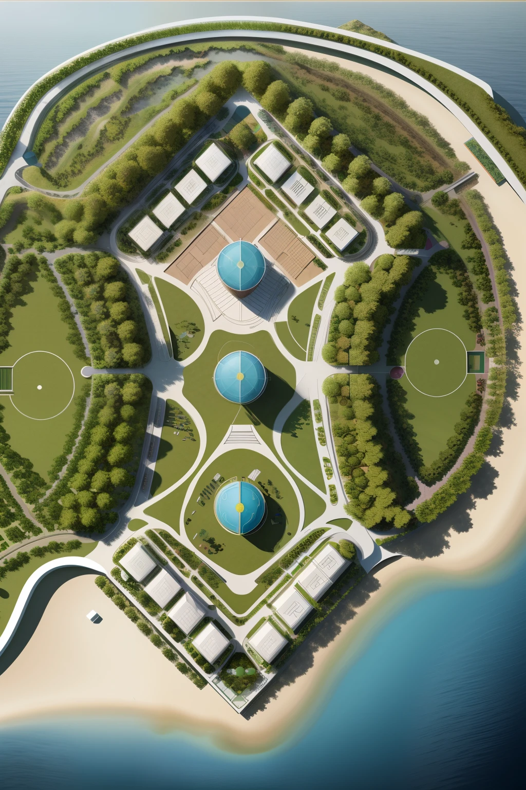 site plan of a ((coastal urban park)), realistic, Zaha Hadid architecture, ((top view)), natural light, mir render, masterpiece, high quality, outdoor, at sea side