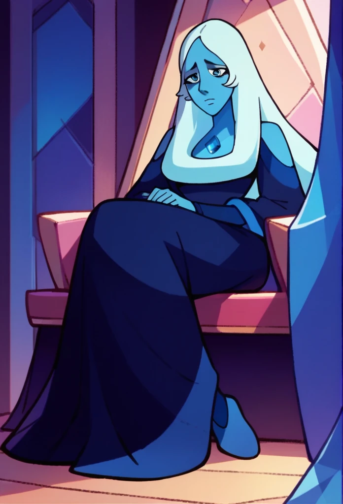 blue diamond, zPDXL, best quality, amazing quality, score 9, 1girl, full body, sad, reclining, dress, long skirt