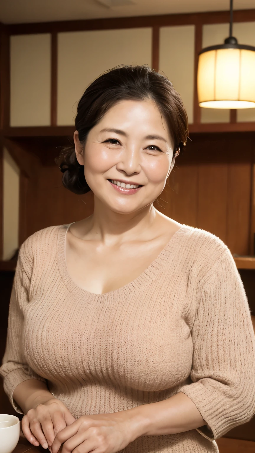Osaka's aunt、Organic Photography、Highest quality、masterpiece、Ultra-high resolution、Beautiful Japanese old lady、60 years old、Looking at the audience、Elegant face、Smiling with teeth showing、Big Breasts、Wearing a plain short-sleeved knit、Short Hair、mini skirt、Earrings、A corner of a coffee shop, Background Blur