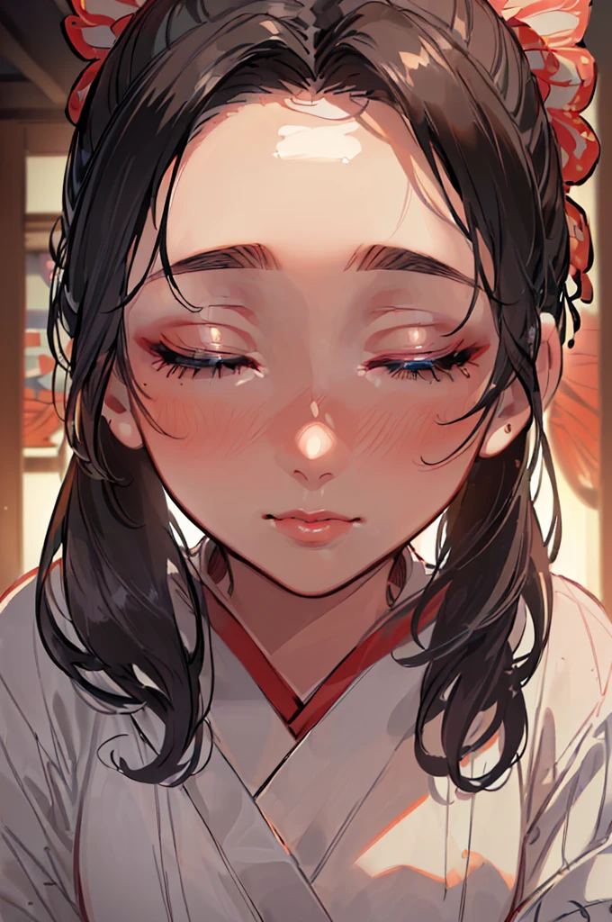 ((((High resolution, Intricate details, masterpiece, 8k, close-up, from front, Full Color)))), (((beautiful, Eyes closed, Focus on the face, incoming kiss, kimono))), ((One Woman, Red cheeks,)), (Black Hair, Beautiful forehead, Long Hair, ponytail, Big ribbon, Glowing Skin), indoor,