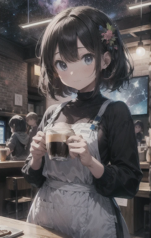 中景 the scene is，A 14-year-old girl sits in a café，adolable，big breasts beautiful，The face is delicate，White skin，By bangs，long eyelasher，Blushlush，eye shadows，Redlip，The expression is shy，Tears in the eyes，ssmile，Perspectiva subjetiva，flatchest，being thin，cropped shoulders，shift dresses，Poor chest，胸A cup，hair messy，By bangs