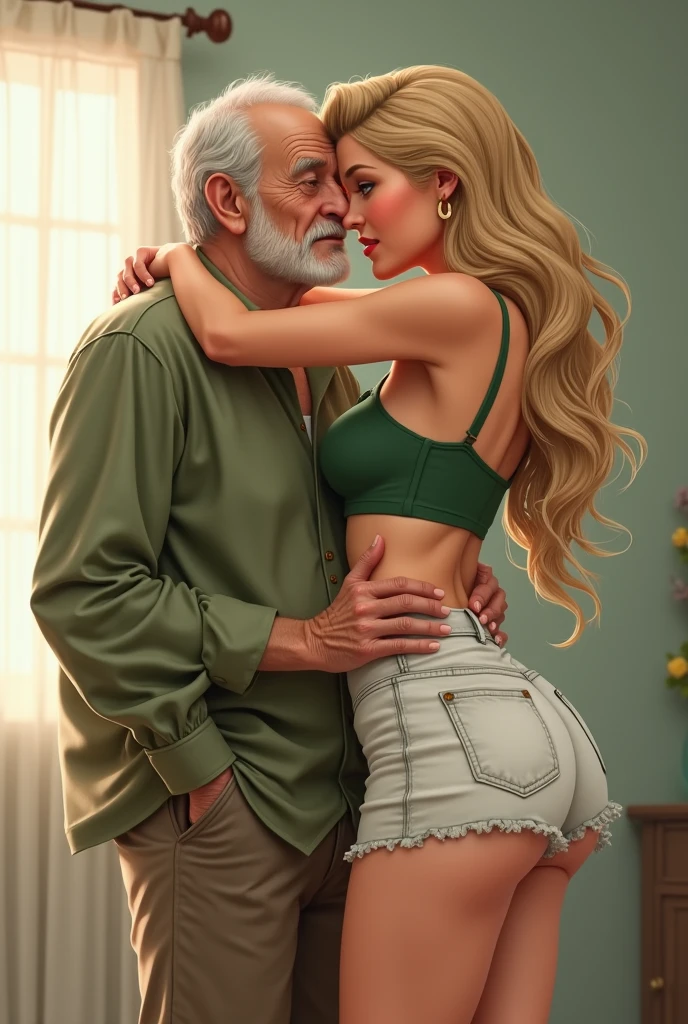 Sininho, ..3d, Realistic, alta qualidade, corpo inteiro, Posando, (corpo inteiro), Rosto detalhado, olhar determinado, Olhos detalhados, seios grandes, huge muscles, (corpo muscular), (abdominais musculosos), pernas musculosas, Usando fio dental, Esporte bom, em uma academia, sombreamento perfeito, perfect lighting, German blonde woman with blue eyes, pale pink skin hugging a 90 year old man