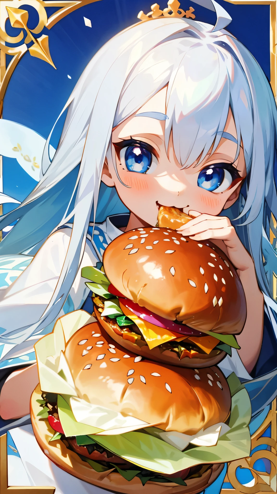（Highest quality，masterpiece，Surreal），Silver Hair、Long Hair、Beautiful Blue Eyes、smile、Wearing a tunic with ethnic patterns、Eating a hamburger、A beautiful and delicate portrait of a young girl.，Playful and cute，Petal fluttering background，