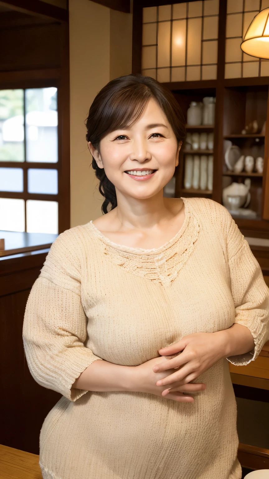Aunt in Osaka、Organic Photography、best quality、masterpiece、Ultra-high resolution、Beautiful old lady、50 years old、looking at the audience、Elegant face、Toothy Smile、Large Breasts,Wear a pink tight T-shirt,White skirt、Wavy Hair、Hot Pants,In an abandoned house,Collapsed House,Background blur