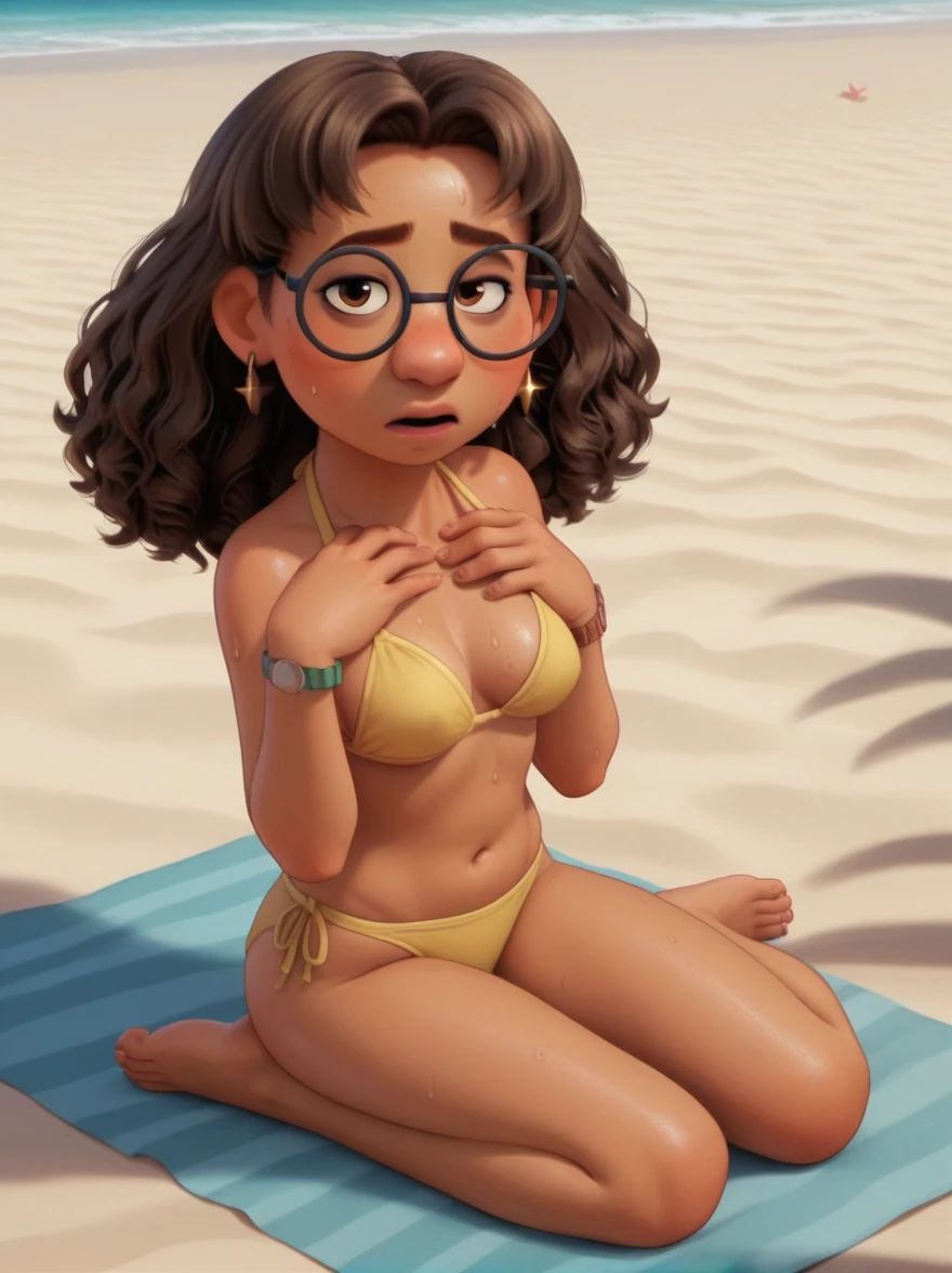 Priya Mangal 
P_m, (((1 girl))), dark skin, brown hair, wavy hair, brown eyes, glasses, earrings, amazed expression, 

score_9, score_8_up, score_7_up, 
(((small body))) ,
yellow bikini with stripes, (((beach))), medium breasts, hand on chest, legs open, topless, (((sweating))), (((full body))), looking at viewer,