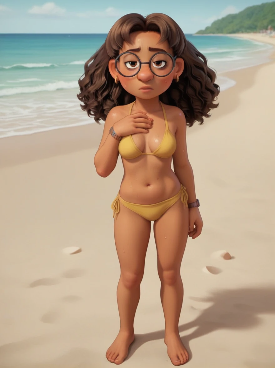 Priya Mangal 
P_m, (((1 girl))), dark skin, brown hair, wavy hair, brown eyes, glasses, earrings, amazed expression, 

score_9, score_8_up, score_7_up, 
(((small body))) ,
yellow bikini with stripes, (((beach))), medium breasts, hand on chest, legs open, topless, (((sweating))), (((full body))), looking at viewer,