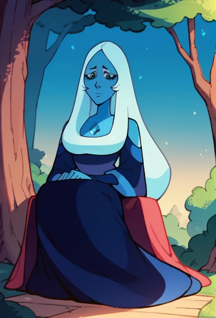 blue diamond, zPDXL, best quality, amazing quality, score 9, 1girl, full body, sitting, sad, dress, long skirt, cloak, cape, tree, night