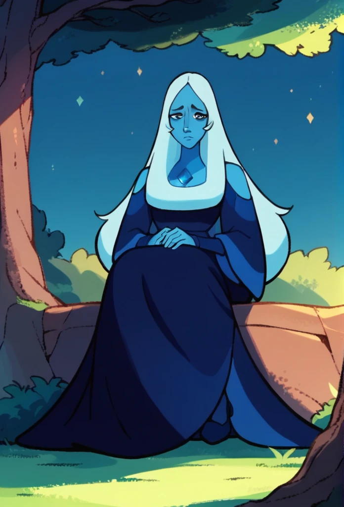 blue diamond, zPDXL, best quality, amazing quality, score 9, 1girl, full body, sitting, sad, dress, long skirt, cloak, cape, tree, night