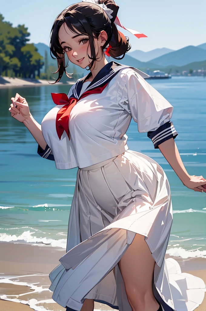 ((((High resolution, Intricate details, masterpiece, 8k))), (((beautiful, Sailor suit, Long skirt, dancing))), (One Woman, smile, Red cheeks, Big Breasts, Large Breasts, Huge Saggy Tits, Long Breasts, tits, Bursting Busty)), (Black Hair, Beautiful forehead, Long Hair, ponytail, Big ribbon, Glowing Skin, looking down), looking at viewer, look at viewer,