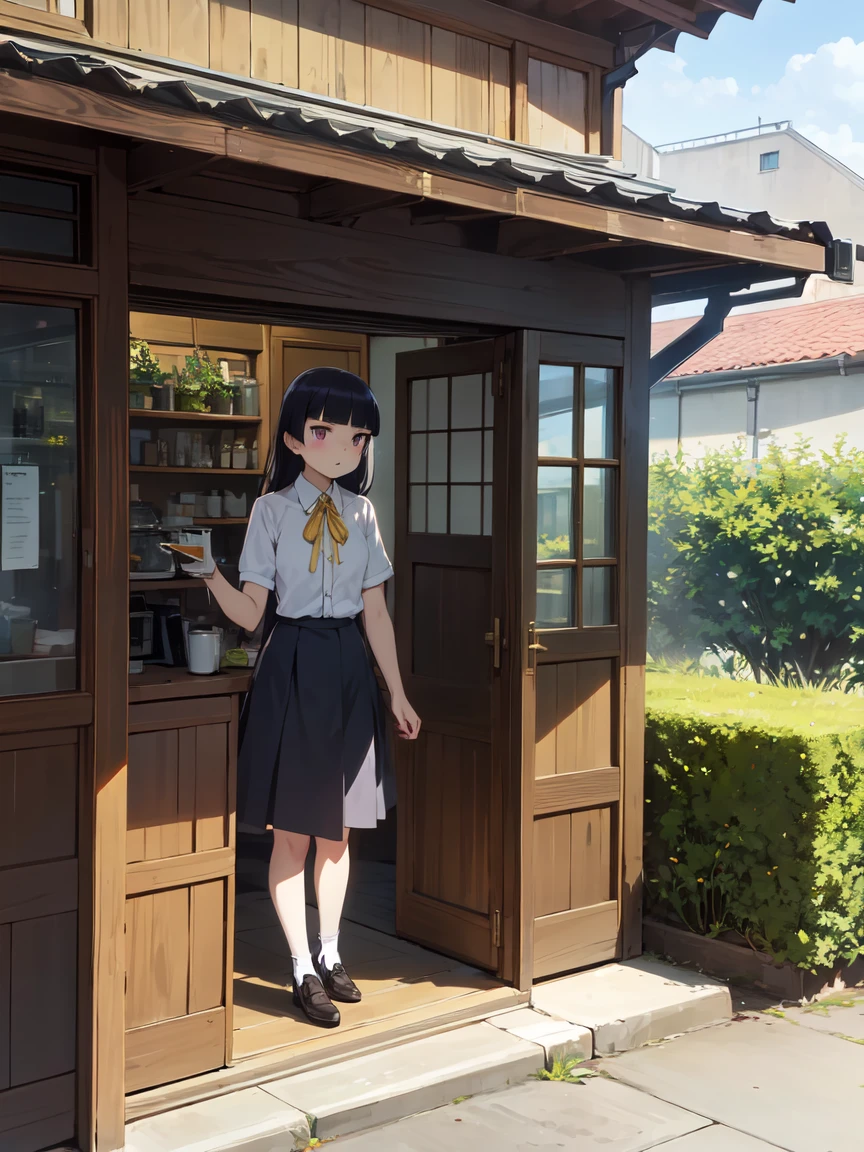 A cafe surrounded by greenery, ((ruri gokou)), girl, alone, Hime cut, Black socks, Short sleeve, Grey Skirt, Hime cut, push into, White shirt, Collared shirt, Yellow ribbon, Stylish coffee cup, Outdoor terrace, Large windows, Natural light, Plants swaying in the wind