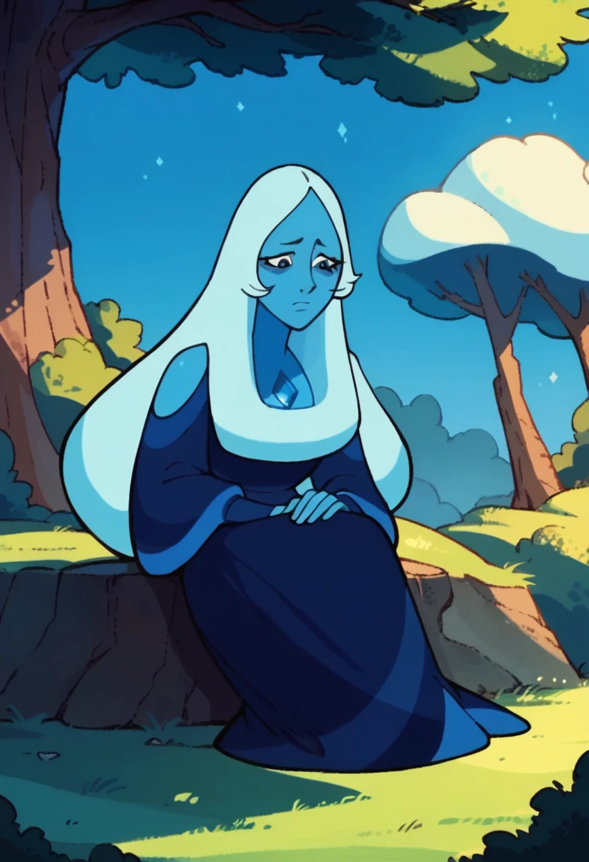 blue diamond, zPDXL, best quality, amazing quality, score 9, 1girl, full body, sitting, sad, dress, long skirt, blue cloak, blue cape, tree, night