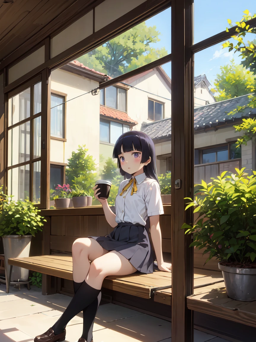 A cafe surrounded by greenery, Outdoor terrace, ((ruri gokou)), girl, alone, Hime cut, Black socks, Short sleeve, Grey Skirt, Hime cut, push into, White shirt, Collared shirt, Yellow ribbon, Stylish coffee cup, Large windows, Natural light, Plants swaying in the wind