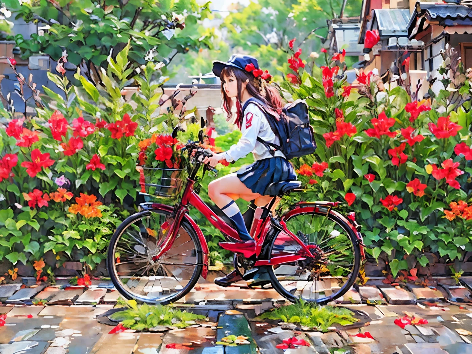 (masterpiece, Highest quality:1.2), reality、person riding a bicycle, alone、high school girl、uniform、(from the front)、(Red canna flowers blooming)、