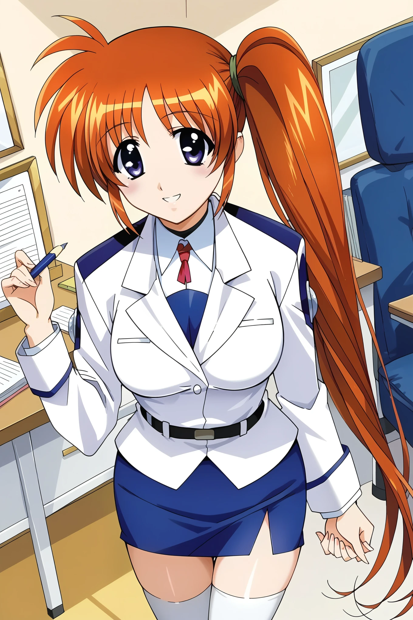 score_9, score_8_up, score_7_up, masterpiece, best quality, very aesthetic, absurdres, source_anime, anime screencap, BREAK 1girl, solo, takamachi nanoha, long hair, side ponytail, red hair, small head, purple eyes, large breasts, military uniform, white jacket, long sleeves, blue pencil skirt, white thighhighs, BREAK smile, insaide, office room,