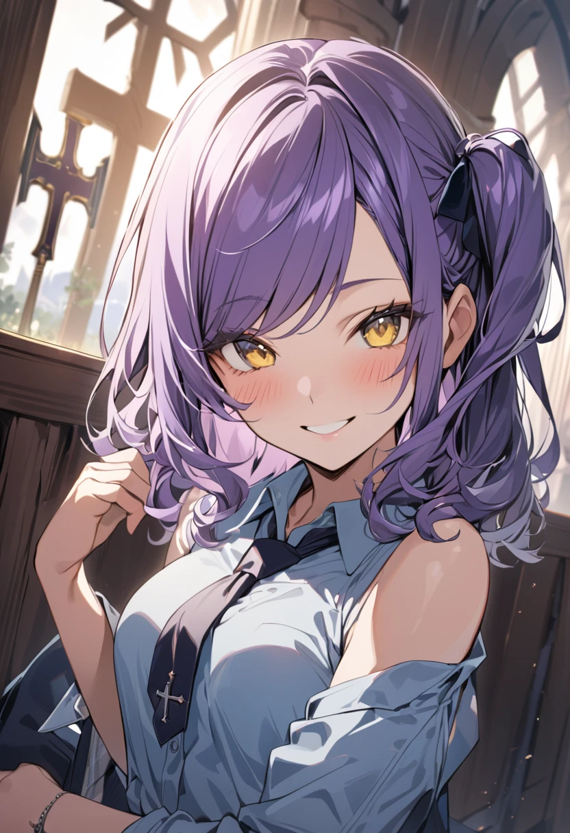 (masterpiece:1.2), (high quality:1.2), girls with((1girl, solo, purple hair, yellow eyes, sharpy eyes, smiling, wavy hair, (medium hair, right swept bangs, one side up:1.55), bare shoulder, blush, medium breasts, cowboy shot, rosary, cross, blue shirt, collared shirts, necktie, upper body))