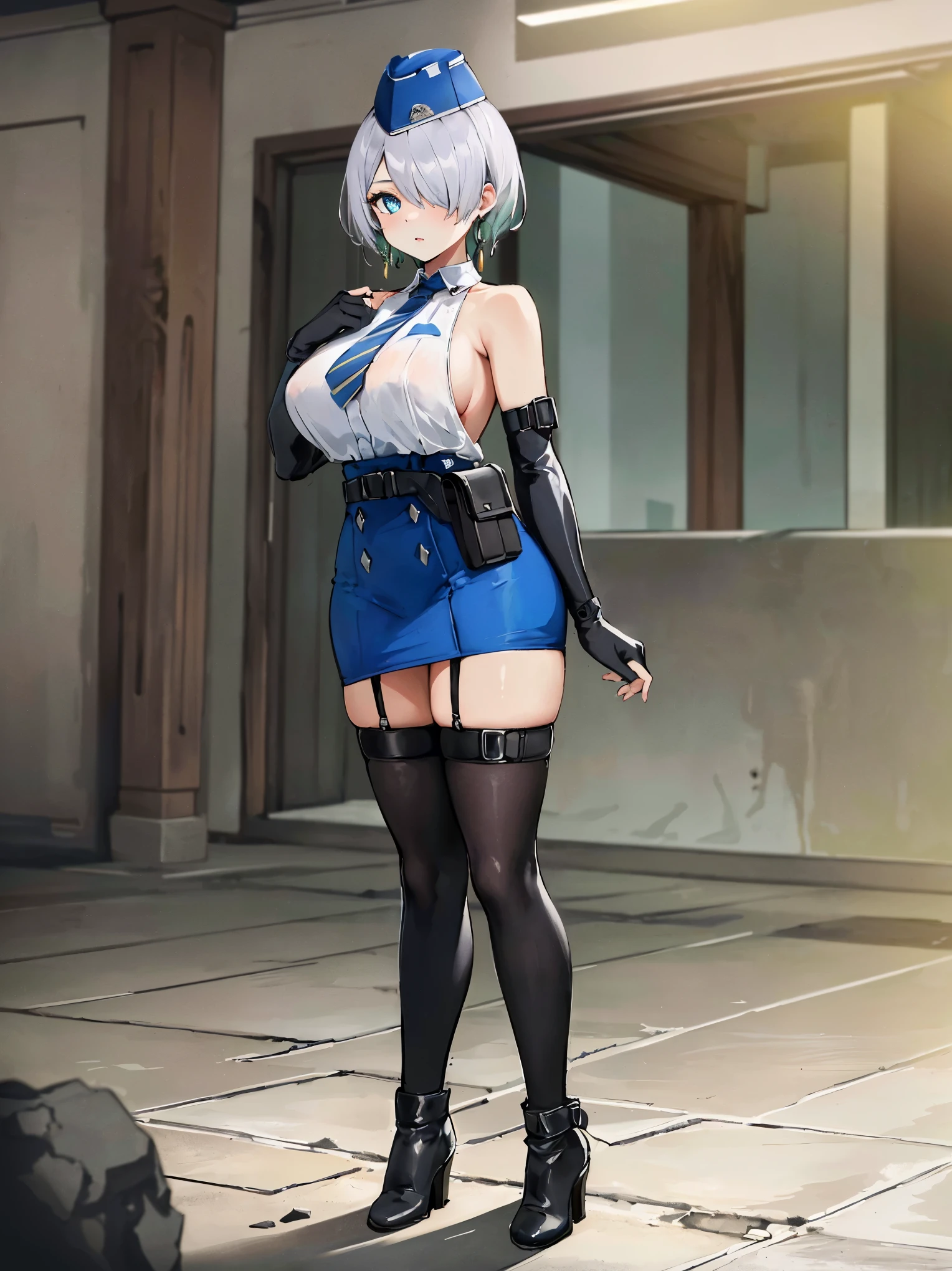 (masterpiece, best quality, ultra detailed, absurdres:1.5), 1girl, (sexy, beautiful woman, perfect face, perfect eyes, perfect female body, large breasts:1.5), (nikkebrid, white hair, low ponytail, hair over one eye, earrings, garrison cap, sleeveless shirt, long skirt, blue necktie, belt pouch, elbow gloves, high heel boots, ), (standing, indoors, ruin_landscape), perfect lighting, smooth, hdr