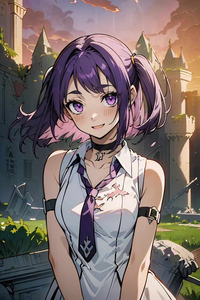 (masterpiece:1.2), (high quality:1.2), reo mikage, blue lock, girls with((1girl, solo, purple hair, (medium hair, right swept bangs, one side up:1.55), bare shoulder, blush, breasts, choker, cowboy shot, collar, collarbone, rosary, cross, white clothes, blouse, white dress, sleeveless, collared shirt, collarbone, necktie, upper body, background with((fantasy world, ruin, castle, beautiful sky, shining sky, sunshine:1.35))