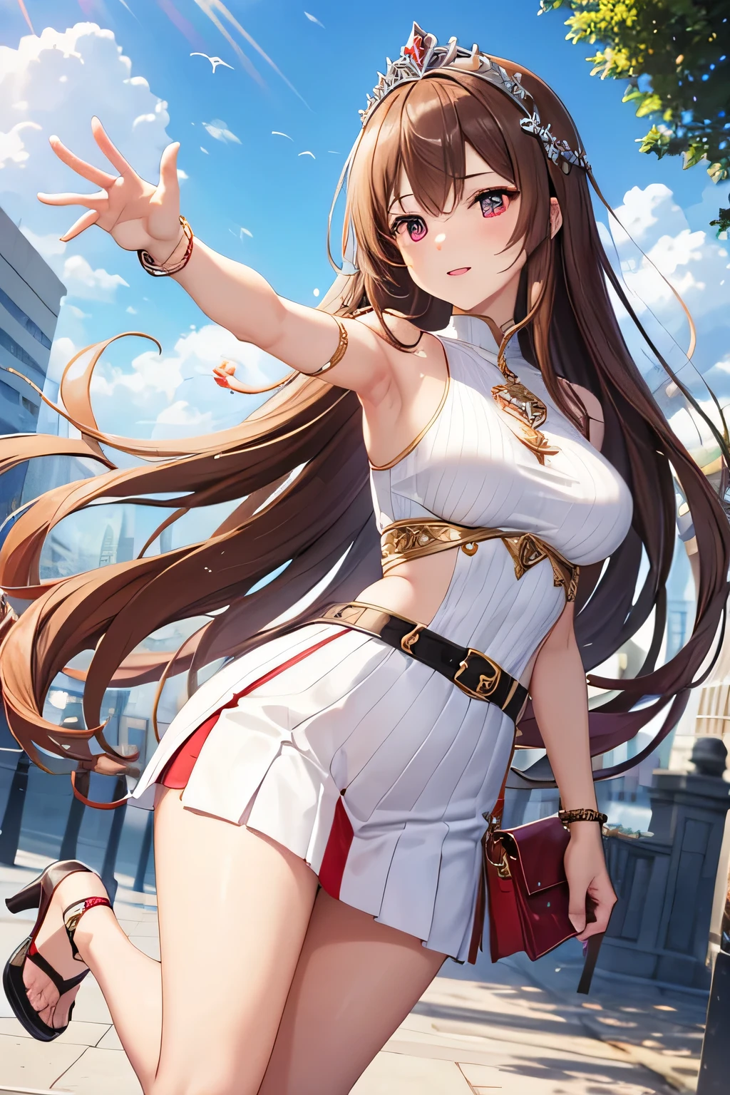 game , The goddess of victory nods, Tidy , light brown hair, fascinating eyes ,beautiful face , Crystal Red Eyes , long hair , Top with Korean-style pleated decoration that spreads from the shoulders , blue , divided,White solid rib knit pencil skirt ,Selfie Wind, 1 handbag, cheerful eyes, ,G cup breasts, slim waist, Seductive thighs, Five fingers on each hand, Two hands ,two legs , in town, date, standing, beautiful, high heel, daylight, Recreational park, One side of the head behind, armpit, wear a tiara on one's head