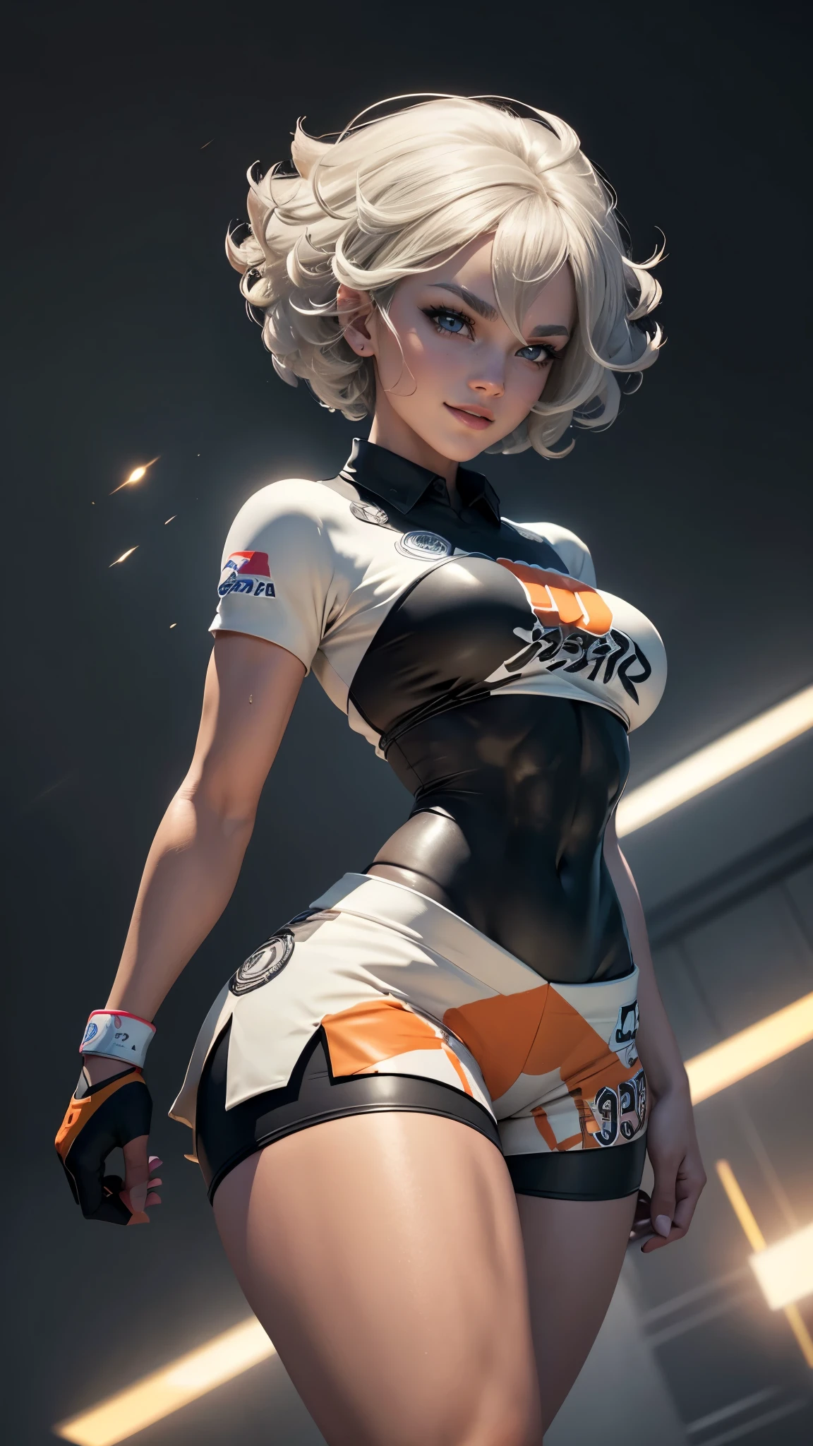 Bea da pokemon,(best qualityer,4K,8k,high resolution,work of art:1.2)(weather: windy), sports tournament background, short curly hair, gray hair, cropped shirt, micro shorts, thigh high stockings, headband, gloves, leotard, ultra detailed,realistic,beautiful detailed gray eyes, beautiful detailed lips,extremely detailed eye and face, long eyelashes,average,large breasts,flying hair,beaming smile,powerful girl, high kick, bright coloured, dramatic lighting,