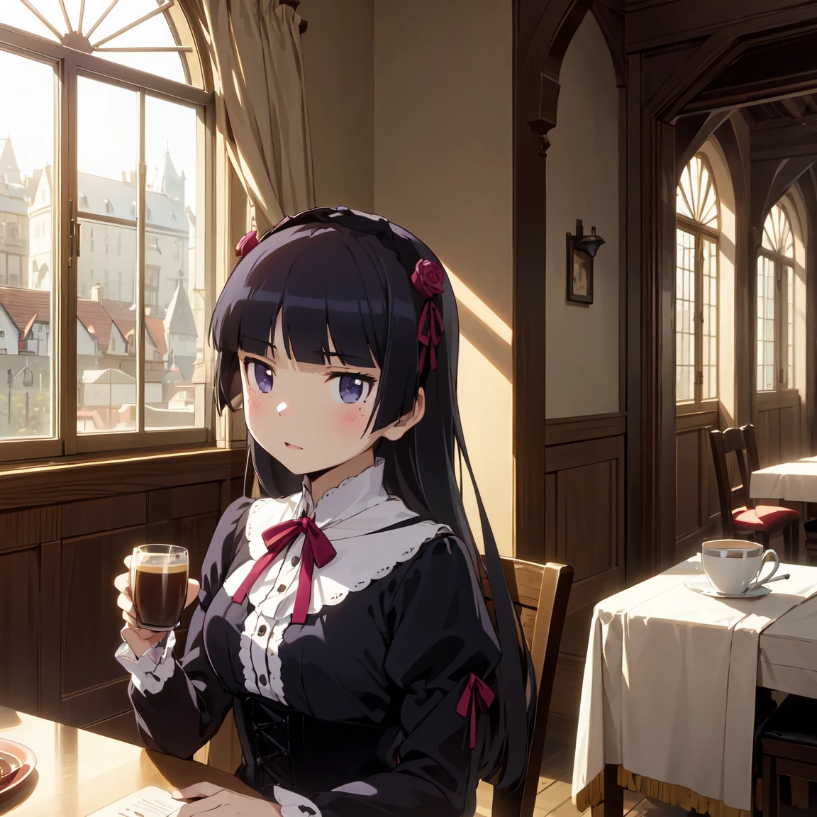 Night Cafe, ((ruri gokou)), girl, alone, Hime cut, Gothic & ****ta Fashion, ****ta Fashion, head band, middle ages, European Castles, another world, masterpiece,Warm Light, Romantic atmosphere, Candlelight, Cityscape seen through glass windows, Stylish coffee cup,