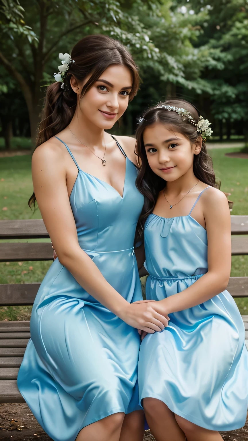 Realistic full body photo of a smiling 1 women and 1 ten years old girl, beautiful brunette woman with ponytail, one flower in hair, She dances in front of the camera in a long light blue A-line bridesmaid dress with straps made of shiny satin. elegant patterns in clothing fabric, Beautiful necklace, Park,glamour fotoshooting, Wedding celebration, perfect anatomy, perfect brown eyes. Perfect hands with 5 fingers on each hand, Suitable woman and her Daughter , looking at the camera, 1 Frau and her Daughter. (Eye make up:1.1), (highly detailed skin:1.1), spirit, analog style, keen focus, 8K UHD, dslr, good quality, Fujifilm XT3, Grain, Award-winning, masterpiece. Wedding celebration, She sits on a bench and presents her beautiful light blue dress. Beautiful mother daughter moment. The Mother and Daughter sitting on the bench