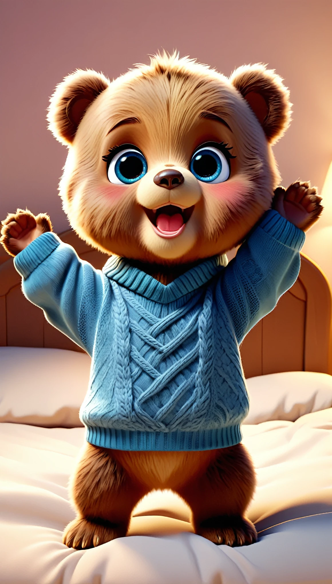 cute baby bear, cartoon , arms, hands ,cute eyes, looking at viewer, arms up, clothes, flawless, bed, standing, sweater, pants