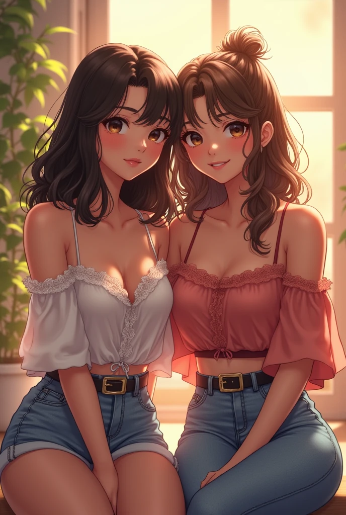 Anime style.
2girls,v ,shorts, navel , gyaru,open clothes,bikini,blush,alley, dark skin.