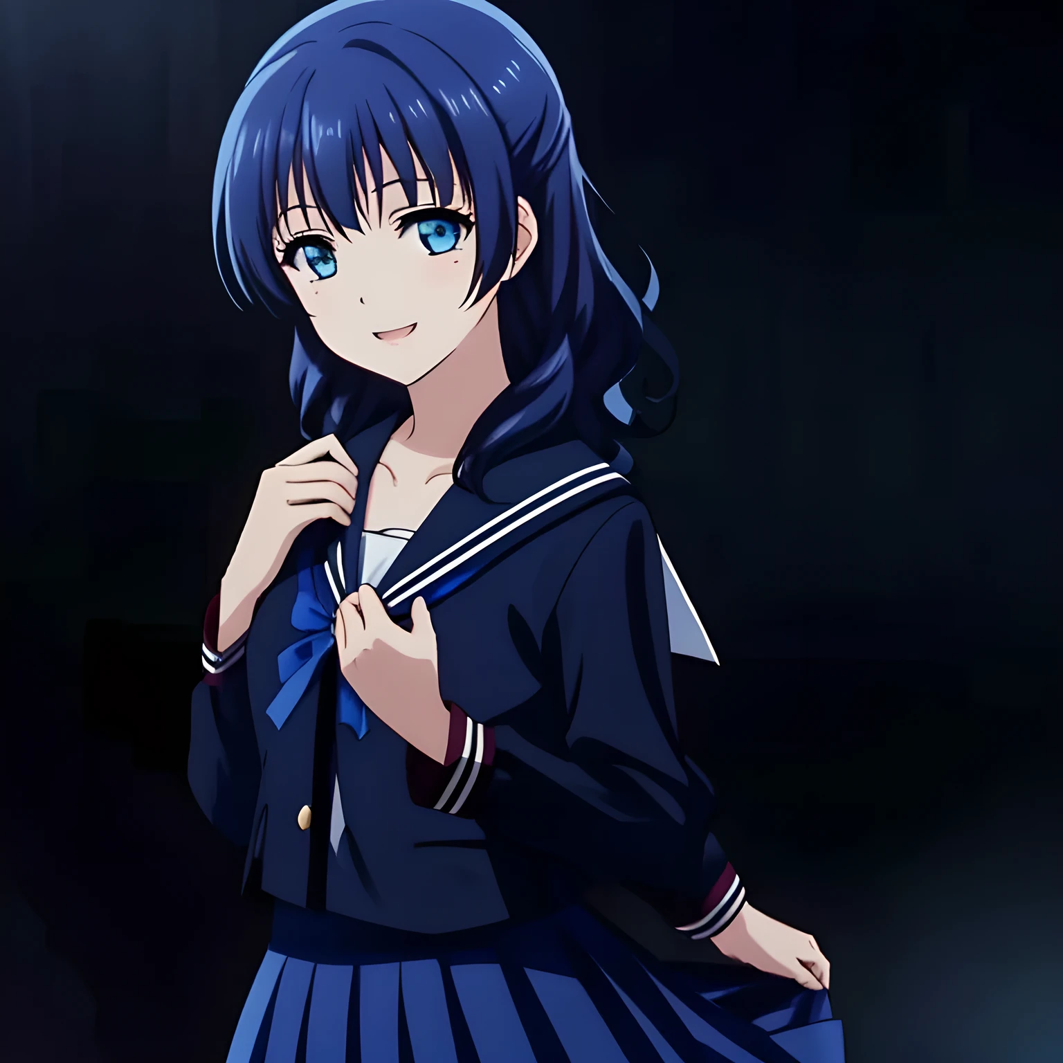 (highest quality, masterpiece, Full HD, High definition, High saturation and contrast to enhance female beauty: 1.2), (Japanese Game CG art of a solo beautiful giggling noble elegant girl kisses deeply to a completely transparent material, charming elegantly, Noble Elegant but lecherous salacious insane and lascivious, sailor uniform: 1.5), (Just one very beautiful date-game noble heroine who is looking and laughing at me, Very detailed cute noble **** heroine's noble eyes and face, Beautiful giggling eyes with detailed: 1.4), (Super-long bottom-eyelashes: 1.2), (Girl whom everyone loves because of her beauty and lovely fashion and noble manner and mind of evil succubus and magical-charm of evil succubus: 1.0), (Very beautiful, wavy, cutely super-super-long dark-dark-blue-dark-blue rich hair, with elegant hair ribbons, spreading on whole the screen: 1.3), (Laughing very beautiful and sapphire-blue mature intelligent cute-eyes which charms and enslave me inevitably, with clearly detailed: 1.4), (Eyes are clearly detailed), (very long eyelashes: 1.0), (Realistic noble neat noble school navy-colored sailor uniform with a noble expensive glossy red ribbon on the chest: 1.4), (Realistic Charming neat navy-colored deeply pleated long expensive school skirt: 1.5), (Soprano singer of classic music: 1.6), (Can't stop giggling: 1.6), Clear skin, (Nothing except black background: 1.5), dark-blue hair, (shot from her side: 1.0)