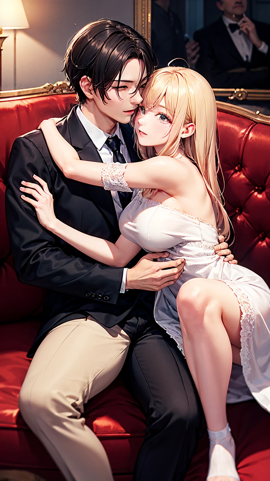 Highest quality、4k quality、Man to attack、A woman wearing an off-the-shoulder dress lying on a sofa、Man in suit、A man hugs a woman&#39;s breast、thin、Small face、、Man lays hands on woman&#39;between legs、裸のbetween legs