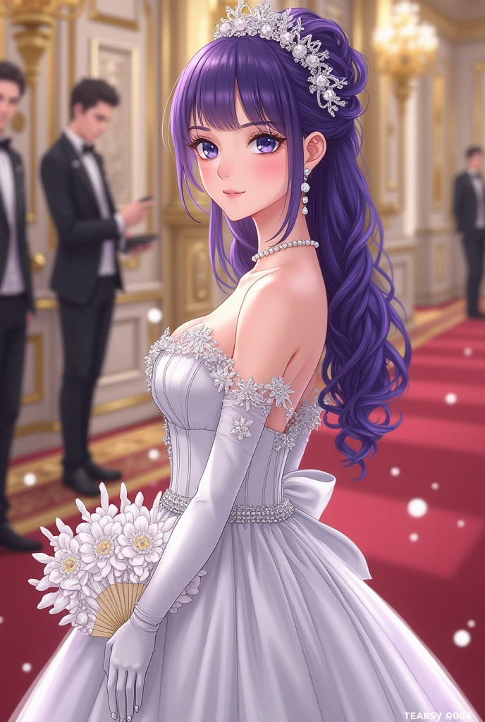 A young woman dressed in a purple dress standing in front of a cake, garbed in a purple gown, purple themed, violet colored theme, backdrop, 8k, beautiful